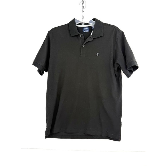 Izod Men's‎ Polo Shirt Collard Black 1/4 Button Up Short Sleeved Size Large - Picture 1 of 6